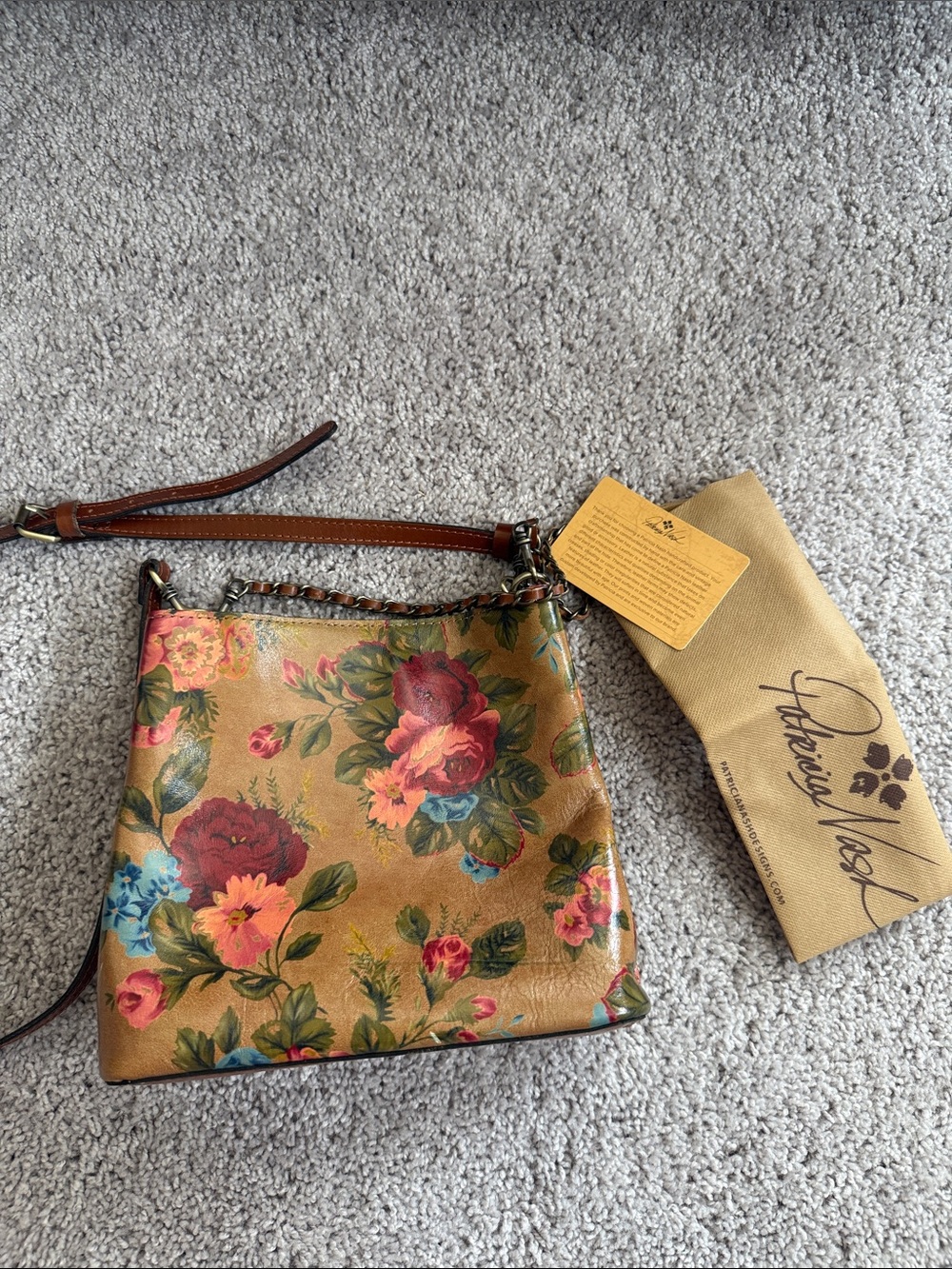 Patricia Nash Tan Leather Crossbody with Multicolor Floral Print